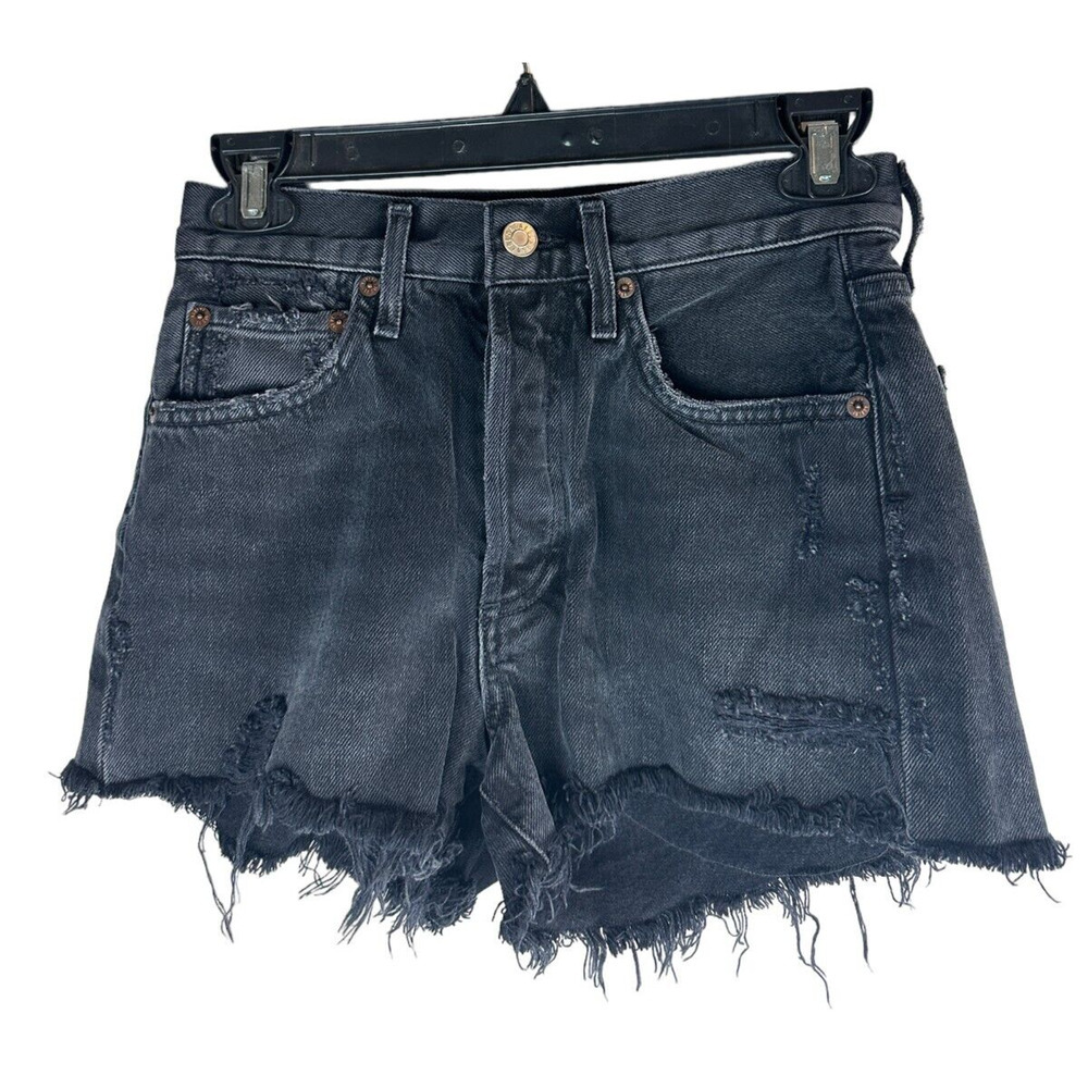 Agolde Parker Short Cut Off Raw Hem Distressed Shorts Button Fly Black Size 23 - Picture 2 of 13